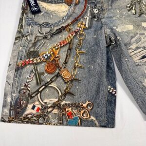 PREME Denim Shorts 32 Blue Printed Distressed Graphic Punk Metal Goth Grunge